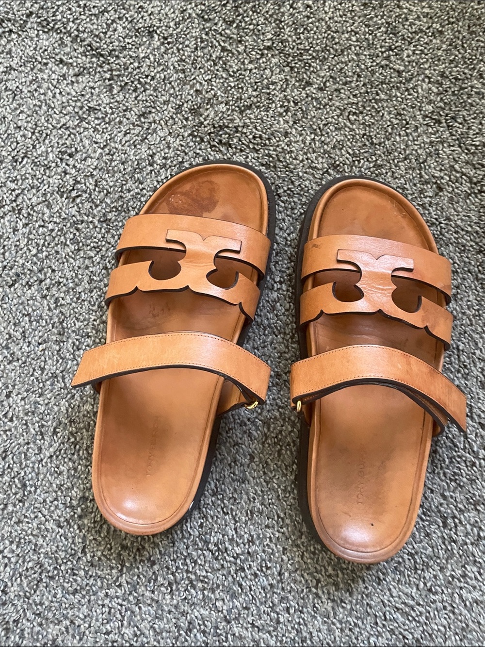 Tory Burch Cognac Leather Double-Strap Logo Slide Sandals